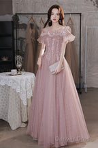 Pink Lace Off The Shoulder Prom Dress, Cute Pink Graduation Dresses