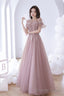 Pink Lace Off The Shoulder Prom Dress, Cute Pink Graduation Dresses