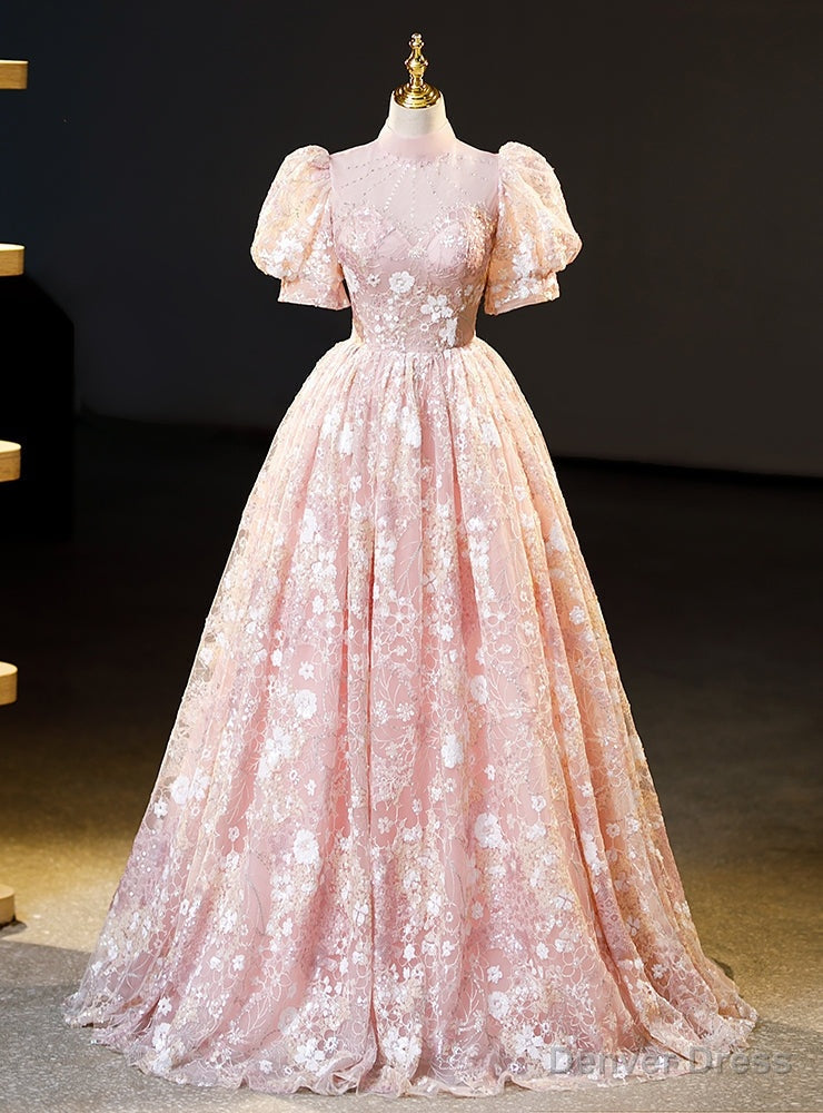 Pink Lace Puff Sleeve Beading Quinceanera Dresses Main image