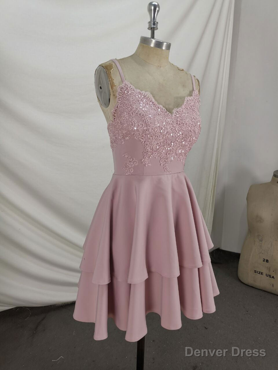 Pink Lace Satin Lace Short Prom Dress, Pink Homecoming Dresses Main image