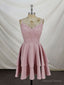 Pink Lace Satin Lace Short Prom Dress, Pink Homecoming Dresses