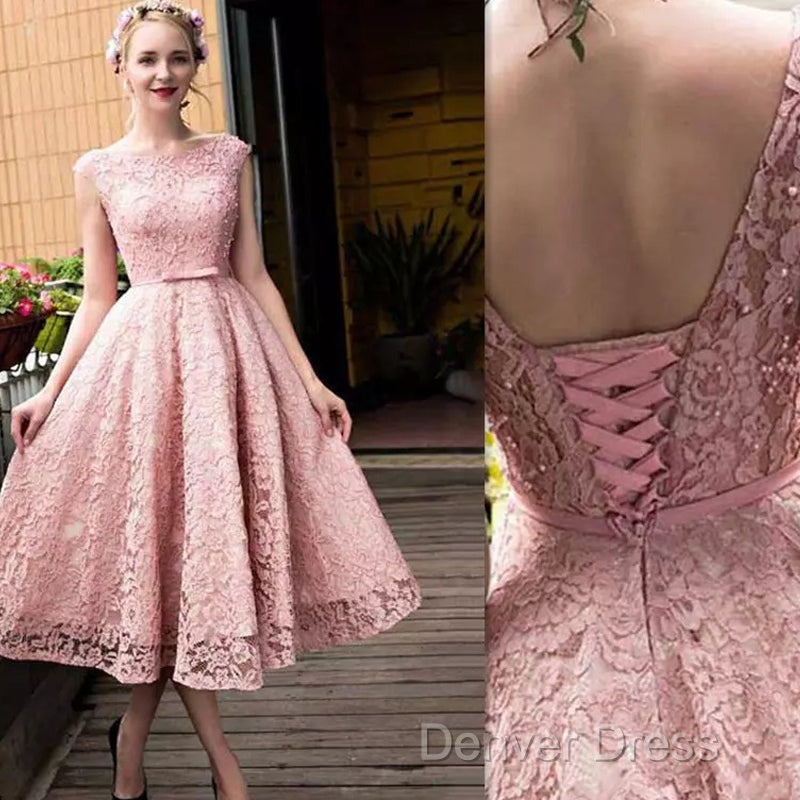 Pink Lace Tea Length Formal Dresses, Beautiful Pink Prom Dresses, Lovely Party Dresses Secondary image
