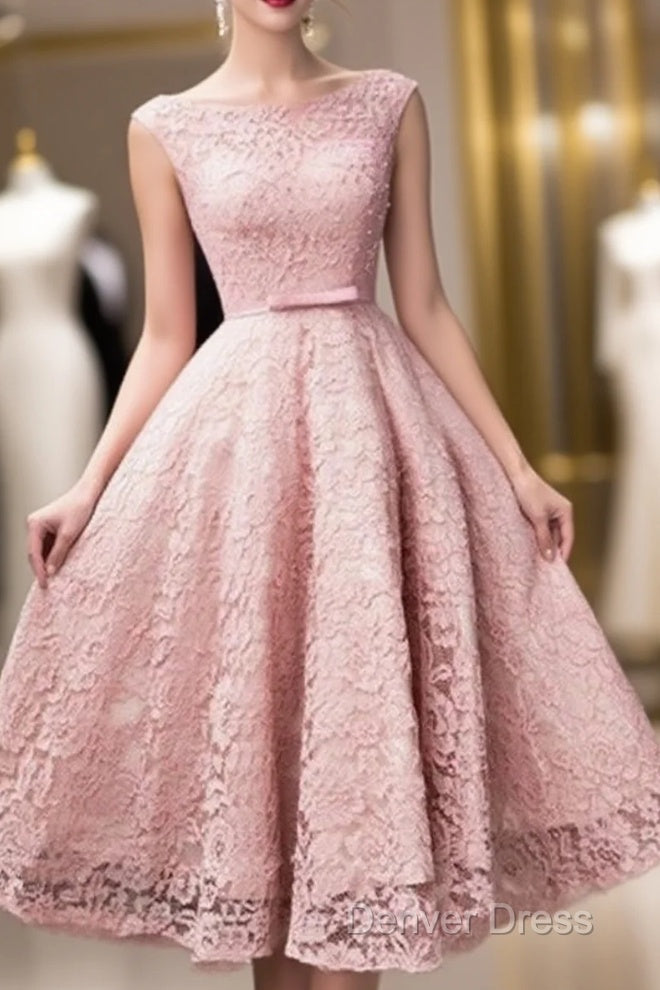 Pink Lace Tea Length Formal Dresses, Beautiful Pink Prom Dresses, Lovely Party Dresses Main image