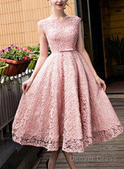Pink Lace Tea Length Formal Dress, Beautiful Pink Prom Dresses, Lovely Party Dresses