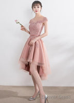 Pink Lace Tulle Cap Sleeves Bridesmaid Dress, Lovely Dark Pink Prom Dresses