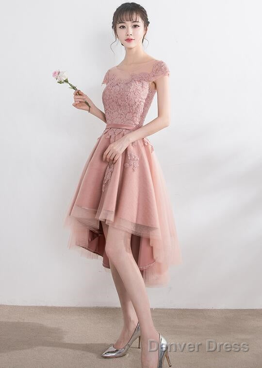 Pink Lace Tulle Cap Sleeves Bridesmaid Dress, Lovely Dark Pink Prom Dresses