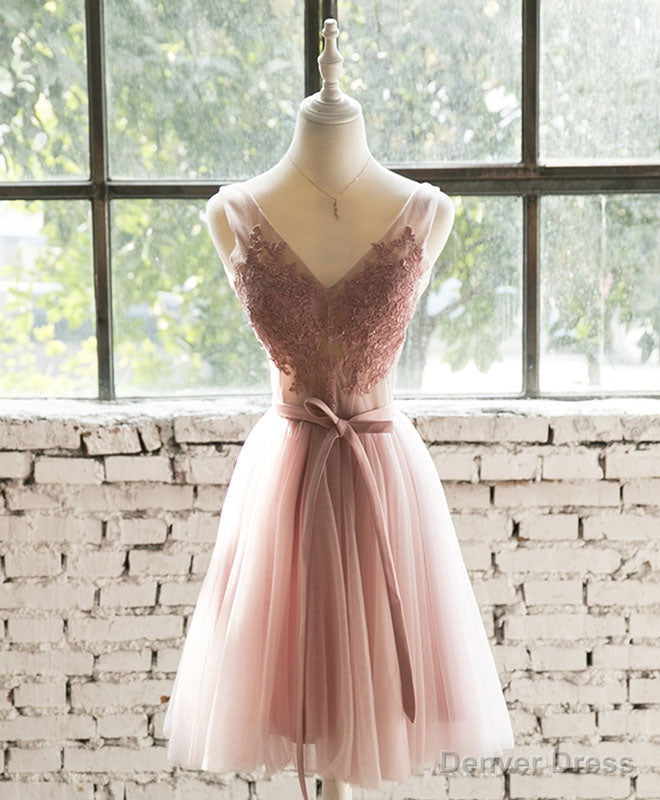 Pink Lace Tulle Short Prom Dress, Homecoming Dress Main image