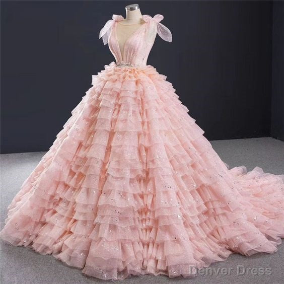 Pink Layered Ruffle Blush Pink Ball Gowns Quinceanera Dresses With Cascading Ruffles