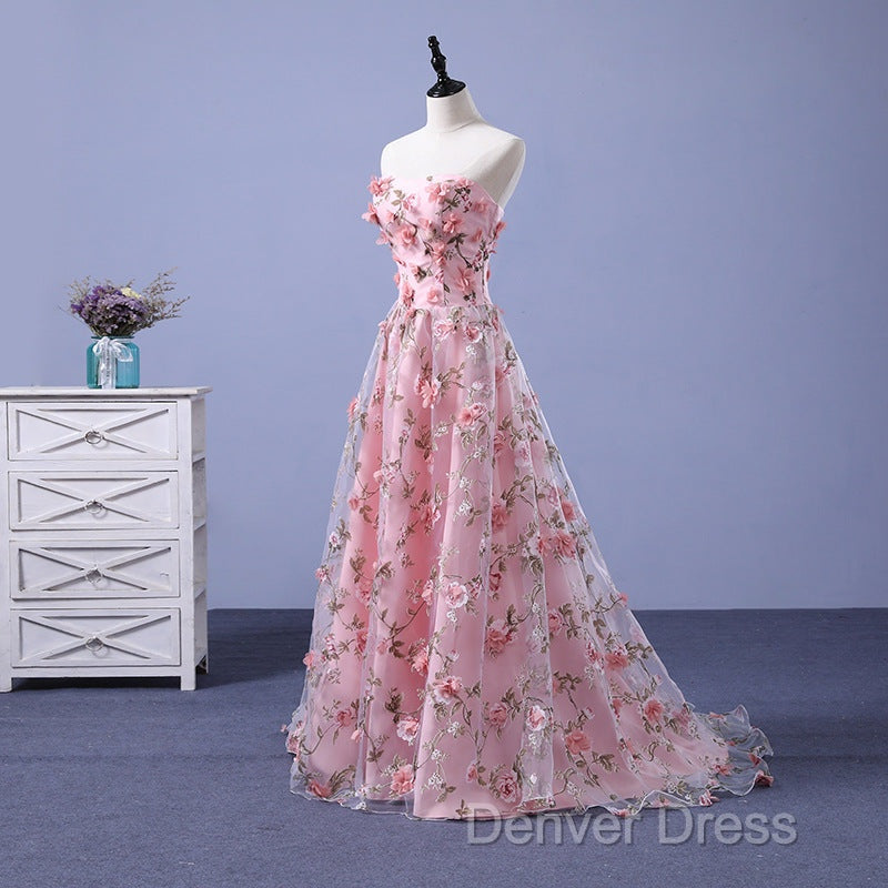 Pink Long A-Line Flowers Prom Dress, Pink Prom Dress