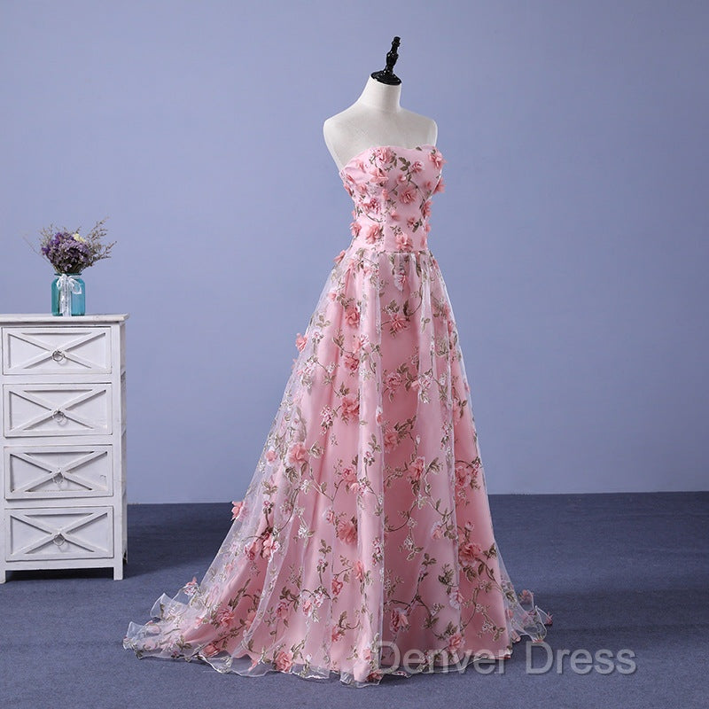 Pink Long A-Line Flowers Prom Dress, Pink Prom Dress