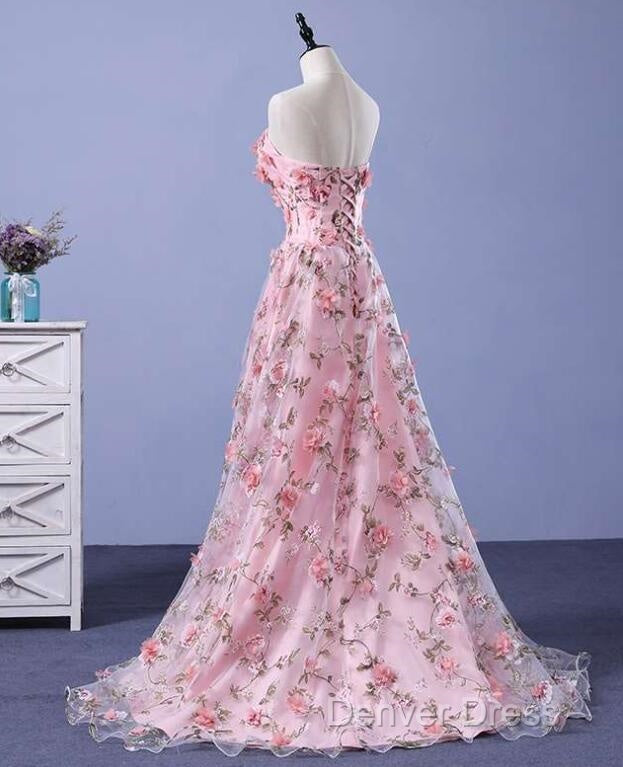 Pink Long A-Line Flowers Prom Dress, Pink Prom Dress