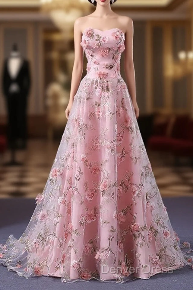 Pink Long A-Line Flowers Prom Dress, Pink Prom Dress
