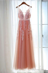 Pink Long New Prom Dress, Party Dress with Lace Applique