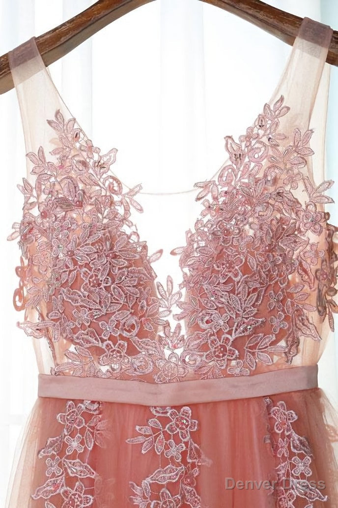Pink Long New Prom Dress with Lace Applique