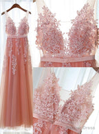 Pink Long New Prom Dress with Lace Applique
