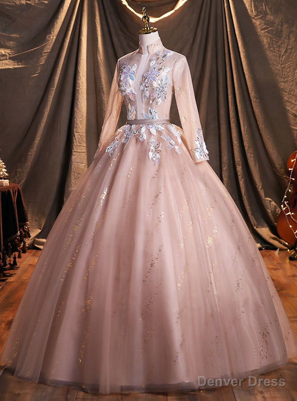 Pink Long Sleeve Appliques Quinceanera Dresses Main image