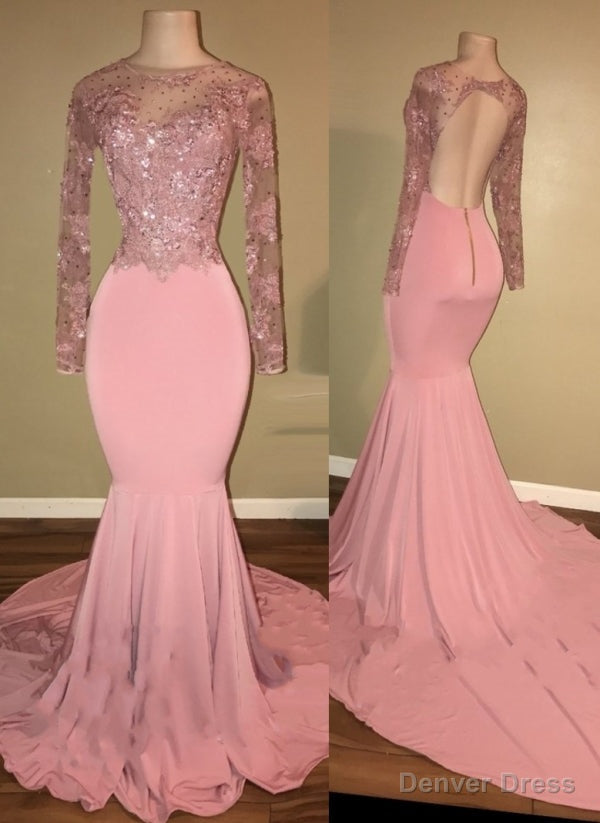 Pink Long Sleeves Backless Beaded Mermaid Charming Prom Dresses Secondary image