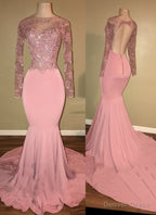 Pink Long Sleeves Backless Beaded Mermaid Charming Prom Dresses