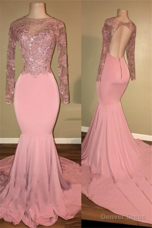 Pink Long Sleeves Backless Beaded Mermaid Charming Prom Dresses Main image