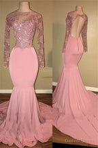 Pink Long Sleeves Backless Beaded Mermaid Charming Prom Dresses