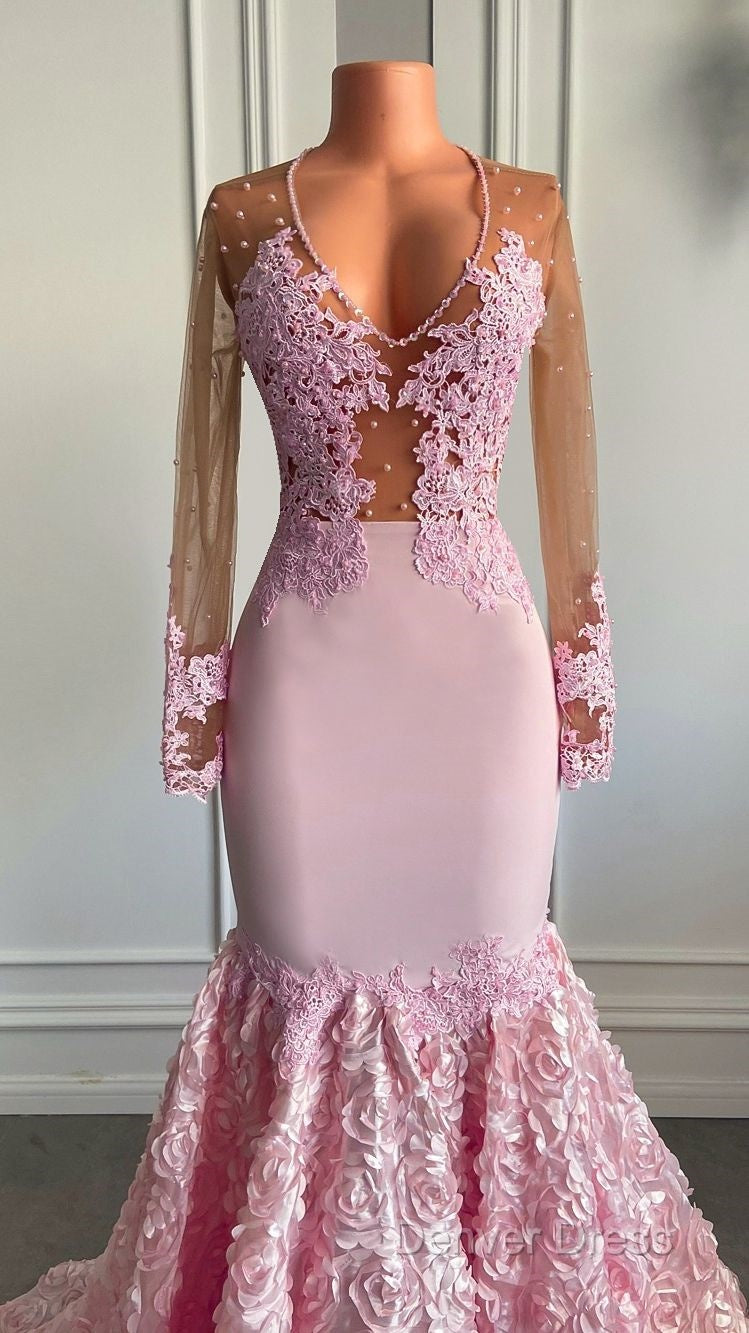 Pink Long Sleeves Lace Prom Dresses Mermaid Tulle Prom Gowns Secondary image