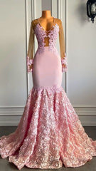 Pink Long Sleeves Lace Prom Dresses Mermaid Tulle Evening Formal Gown