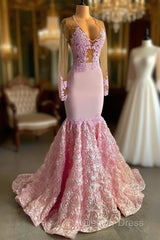 Pink Long Sleeves Lace Prom Dresses Mermaid Tulle Evening Formal Gown
