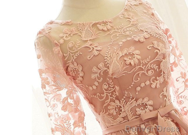 Pink Long Sleeves Lace Wedding Prom Dress, Charming Prom Dresses