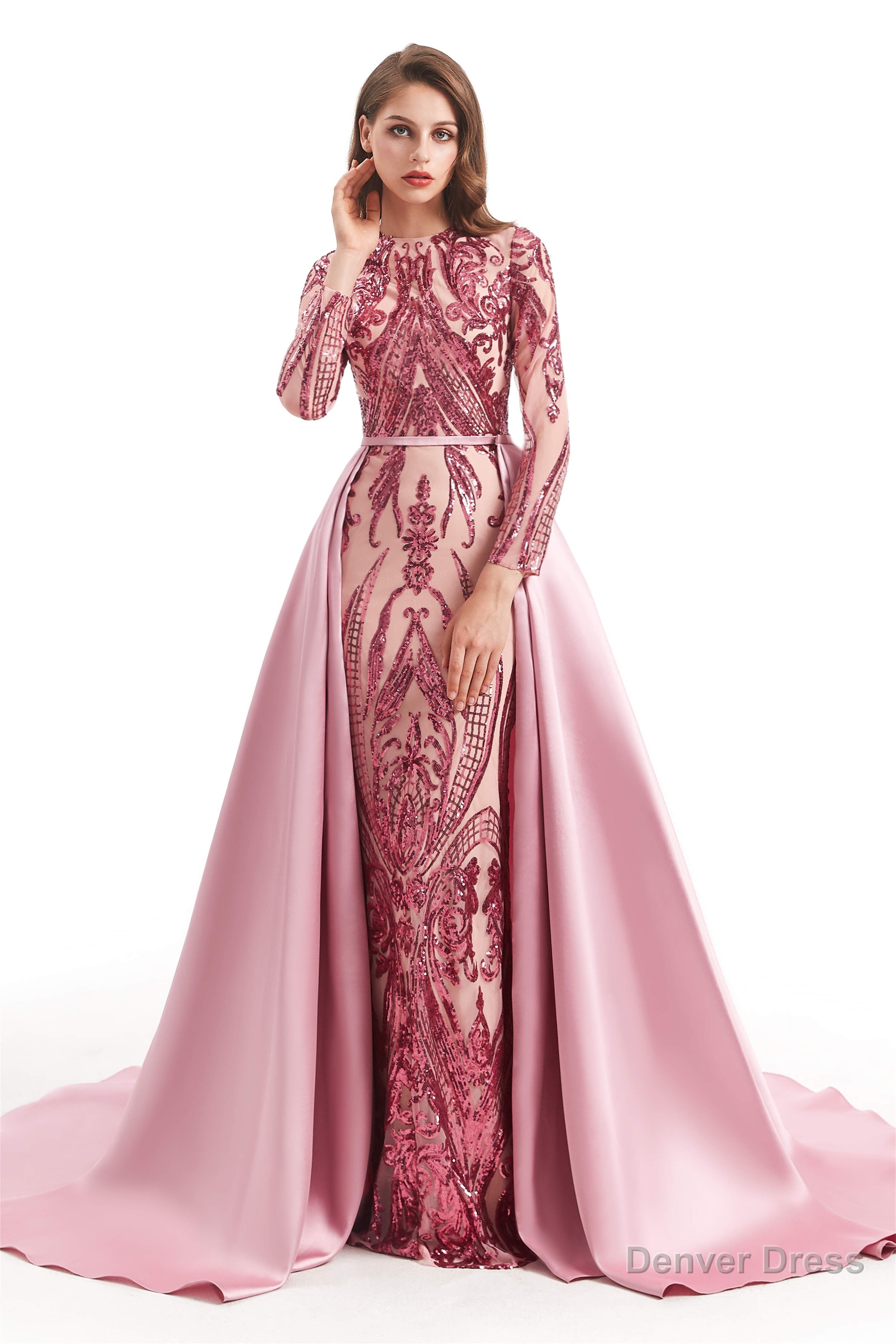 Long Sleeves Mermaid Detachable Train Prom Dresses with Train Sequined