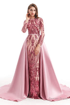 Long Sleeves Mermaid Detachable Train Prom Dresses with Train Sequined