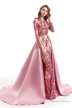 Long Sleeves Mermaid Detachable Train Prom Dresses with Train Sequined