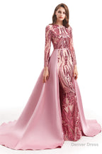Long Sleeves Mermaid Detachable Train Prom Dresses with Train Sequined