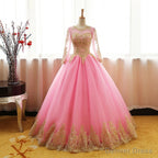 Pink Long Sleeves Tulle Round Neckline Sweet 16 Dresses, Pink Prom Gowns