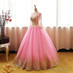 Pink Long Sleeves Tulle Round Neckline Sweet 16 Dresses, Pink Prom Gowns