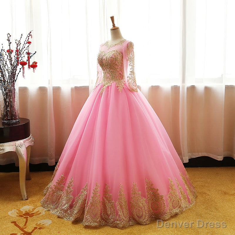 Pink Long Sleeves Tulle Round Neckline Sweet 16 Dresses, Pink Prom Gowns