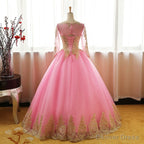 Pink Long Sleeves Tulle Round Neckline Sweet 16 Dresses, Pink Prom Gowns