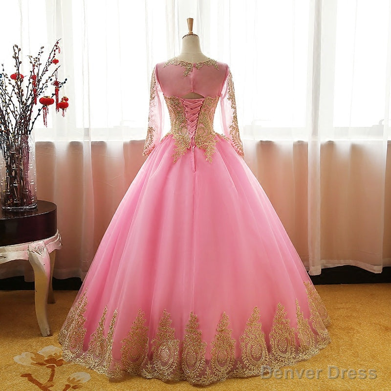 Pink Long Sleeves Tulle Round Neckline Sweet 16 Dresses, Pink Prom Gowns