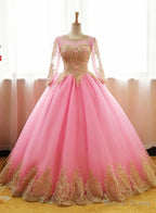 Pink Long Sleeves Tulle Round Neckline Sweet 16 Dresses, Pink Prom Gowns