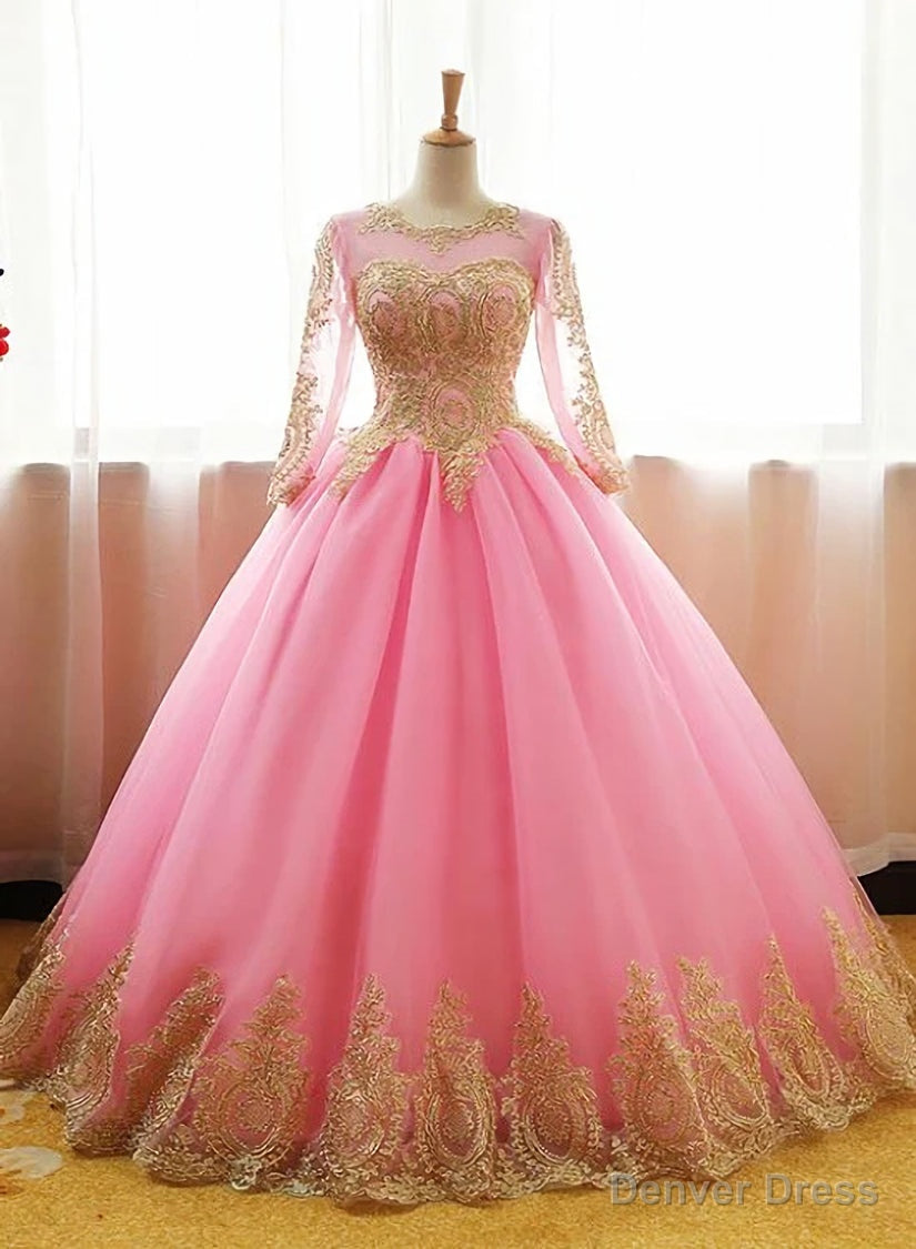 Pink Long Sleeves Tulle Round Neckline Sweet 16 Dresses, Pink Prom Gowns