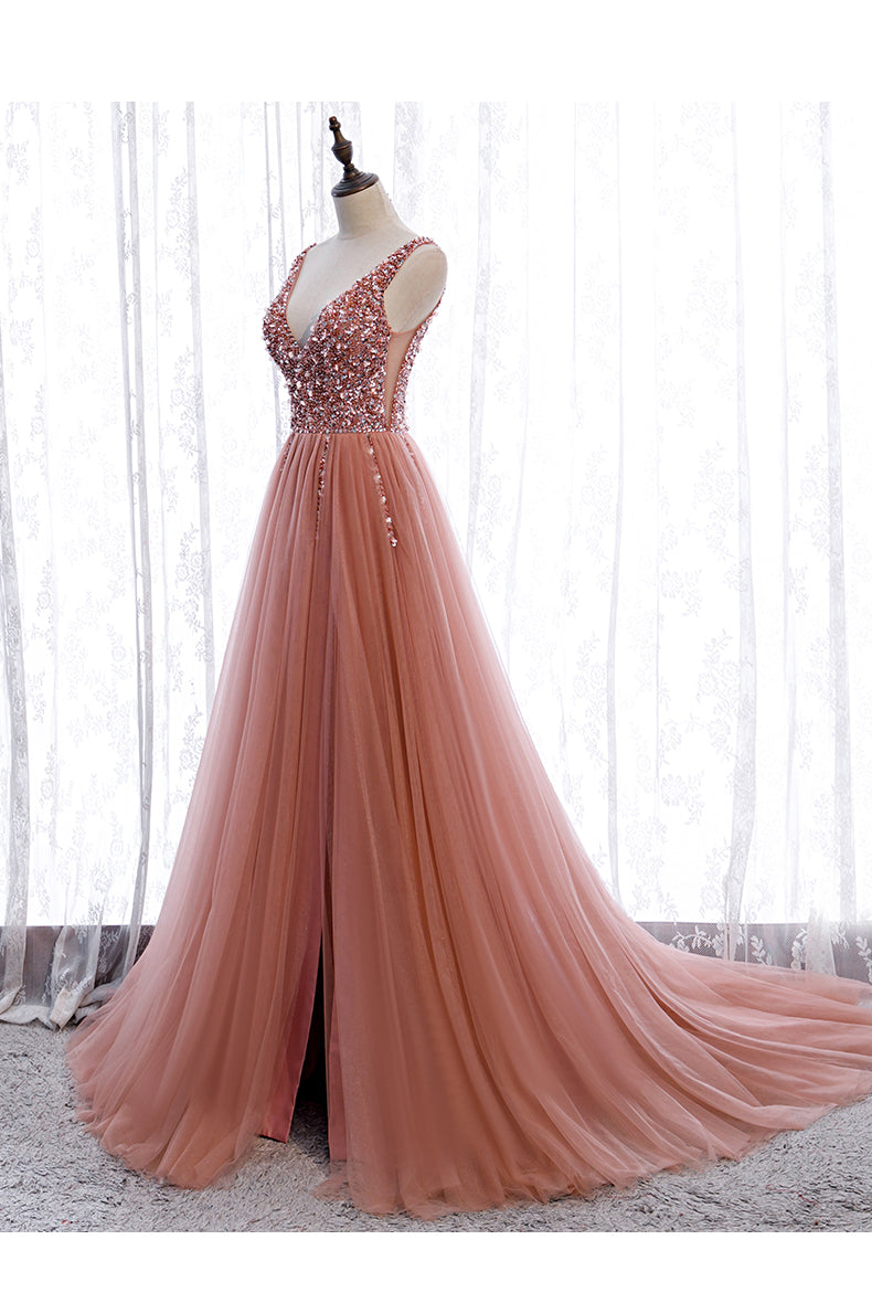 Pink Long Sparkle Beaded Tulle Slit Prom Dresses,Pink V-Neckline Prom Gowns Secondary image
