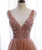 Pink Long Sparkle Beaded Tulle Slit Prom Dresses,Pink V-Neckline Prom Gowns