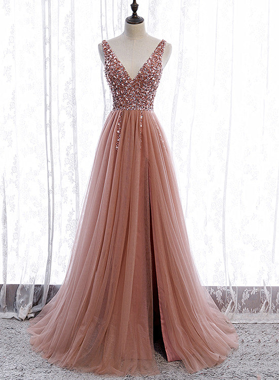 Pink Long Sparkle Beaded Tulle Slit Prom Dresses,Pink V-Neckline Prom Gowns Main image