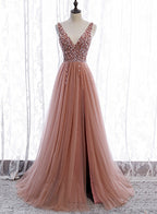 Pink Long Sparkle Beaded Tulle Slit Prom Dresses,Pink V-Neckline Prom Gowns