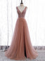 Pink Long Sparkle Beaded Tulle Slit Prom Dresses,Pink V-Neckline Prom Gowns