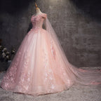 Pink Long Tulle with Lace Applique Ball Gowns Sweet 16 Dress, Pink Prom Dresses