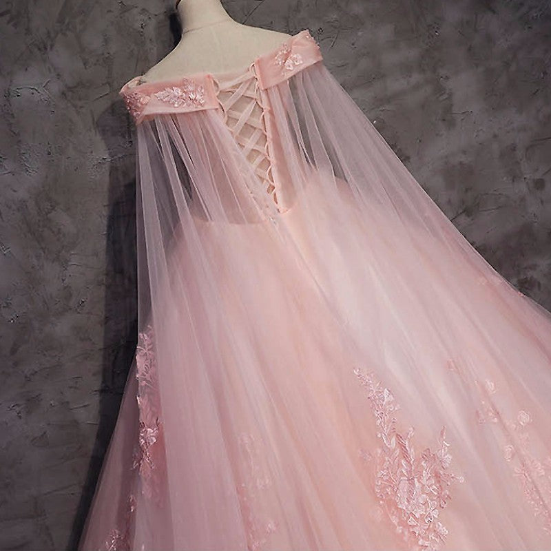 Pink Long Tulle with Lace Applique Ball Gowns Sweet 16 Dress, Pink Prom Dresses