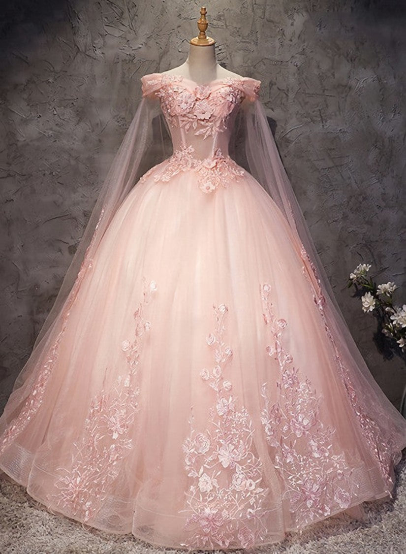 Pink Long Tulle with Lace Applique Ball Gowns Sweet 16 Dress, Pink Prom Dresses