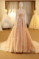 Pink Long Unique Round Neck Tulle Lace Applique Prom Dress