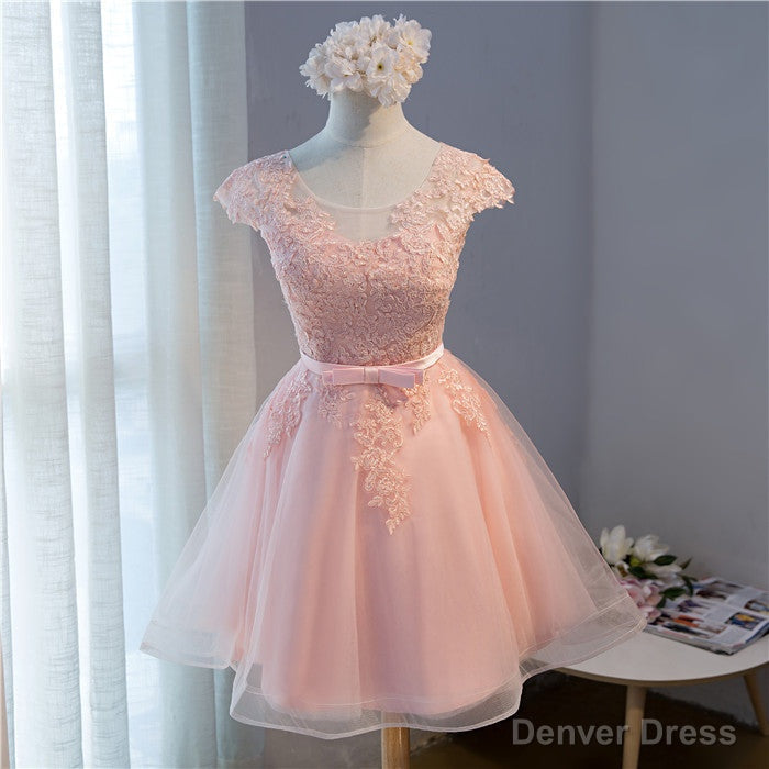 Pink Lovely Cap Sleeves Knee Length Formal Dress, Pink Tulle Prom Dress Secondary image