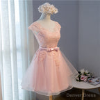 Pink Lovely Cap Sleeves Knee Length Formal Dress, Pink Tulle Prom Dress